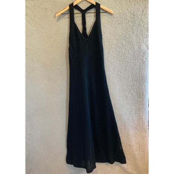 Express Maxi Tank Dress Small Crochet Open Knit Racerback Beach Boho Black Y2K - Picture 1 of 14
